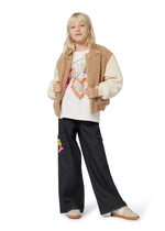 Girls Black Wide - Leg Denim Cargo Jeans with Embroidery
