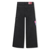 Girls Black Wide - Leg Denim Cargo Jeans with Embroidery