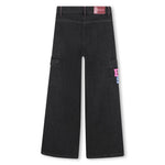 Girls Black Wide - Leg Denim Cargo Jeans with Embroidery