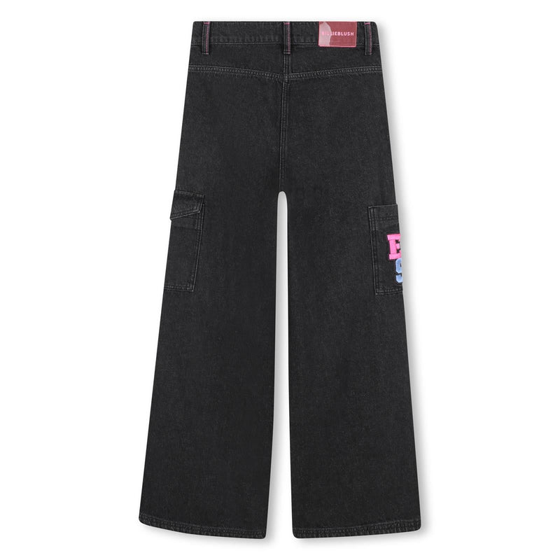 Girls Black Wide - Leg Denim Cargo Jeans with Embroidery