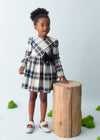 Girls Blue and Beige Check Dress with Navy Velvet Bow