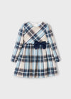 Girls Blue and Beige Check Dress with Navy Velvet Bow