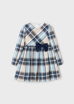 Girls Blue and Beige Check Dress with Navy Velvet Bow