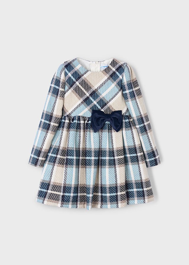 Girls Blue and Beige Check Dress with Navy Velvet Bow