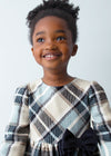 Girls Blue and Beige Check Dress with Navy Velvet Bow