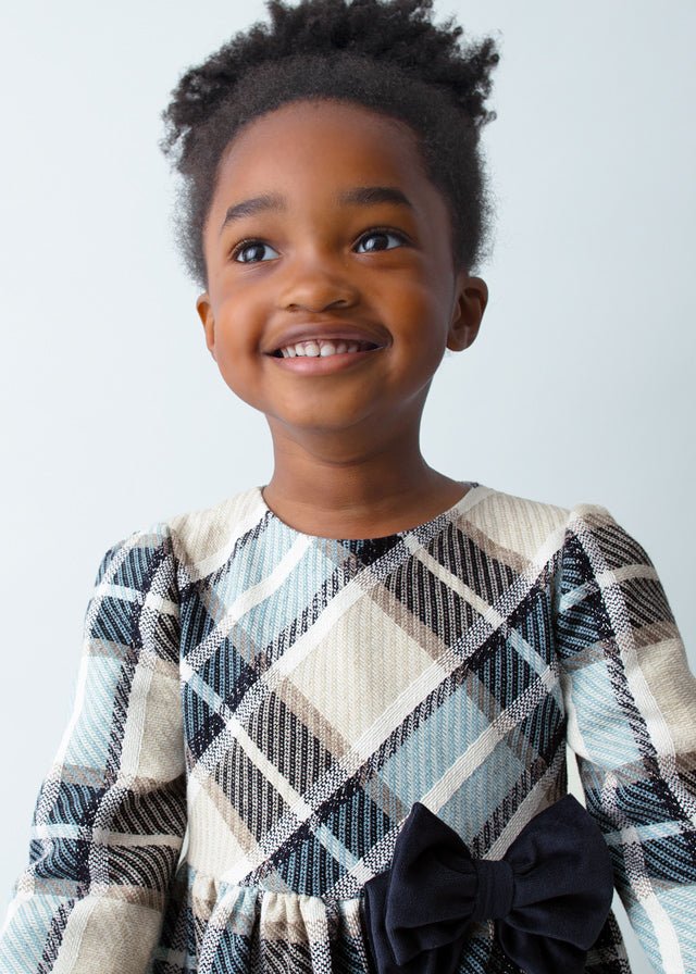 Girls Blue and Beige Check Dress with Navy Velvet Bow