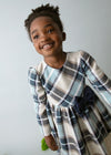 Girls Blue and Beige Check Dress with Navy Velvet Bow