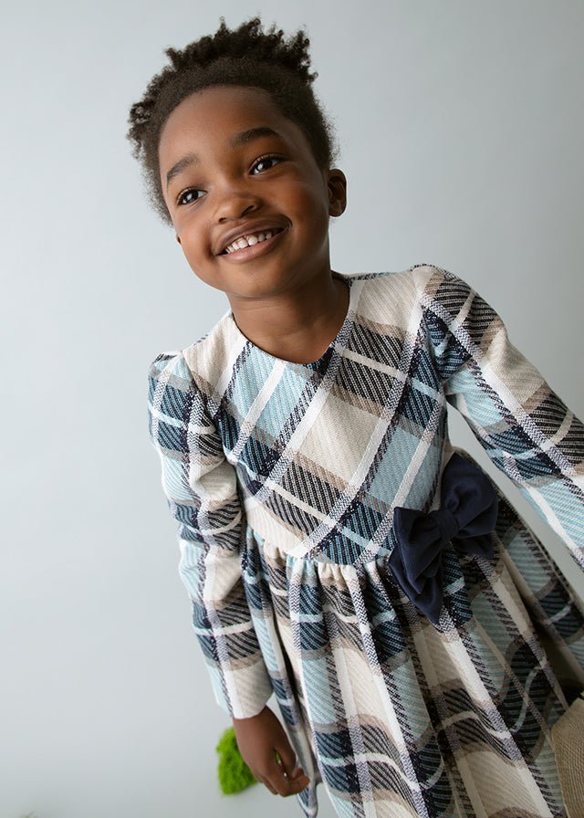 Girls Blue and Beige Check Dress with Navy Velvet Bow