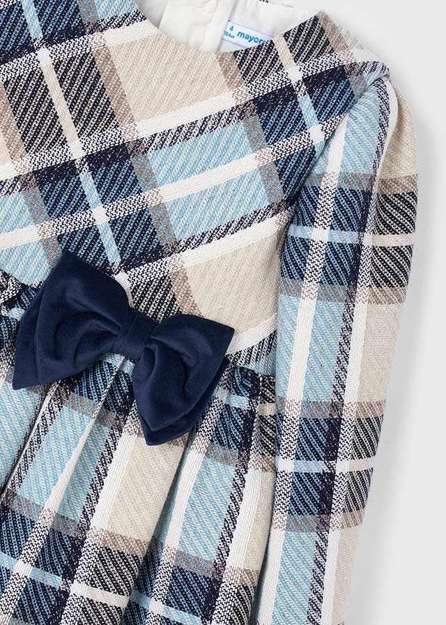 Girls Blue and Beige Check Dress with Navy Velvet Bow