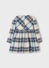 Girls Blue and Beige Check Dress with Navy Velvet Bow