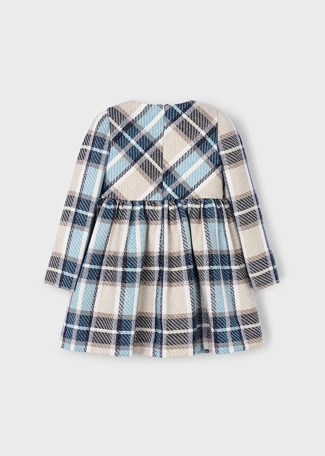 Girls Blue and Beige Check Dress with Navy Velvet Bow