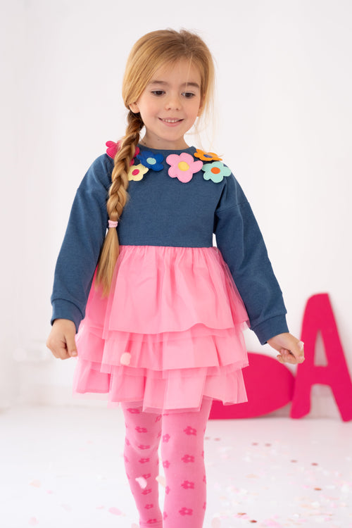 Girls Blue Cotton & Pink Tulle Dress (Agatha Ruiz de la Prada)