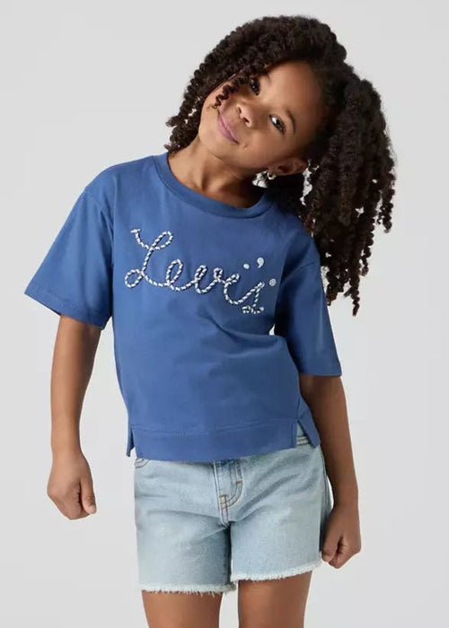 Girls Blue Cropped Meet & Greet Roll Cuff Logo T-Shirt