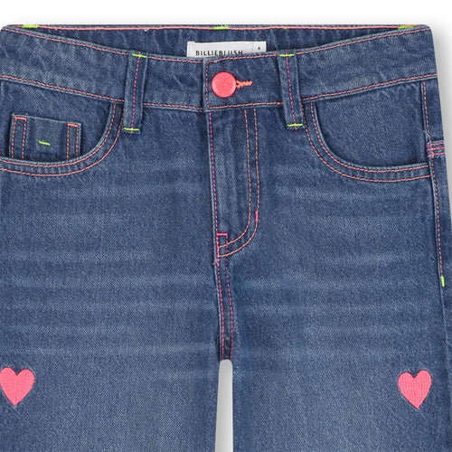 Girls Blue Denim Jeans with Pink Heart Embroidery