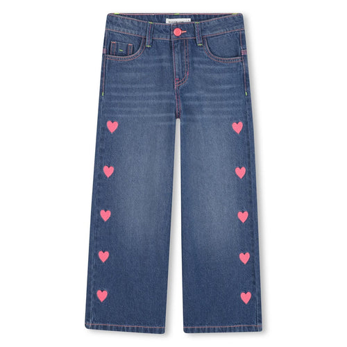 Girls Blue Denim Jeans with Pink Heart Embroidery