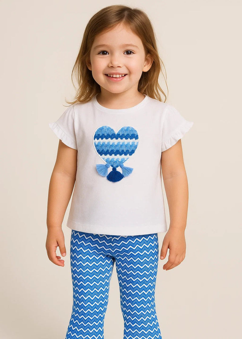 Girls Blue Flare Legging Set with Heart Tassel T-Shirt