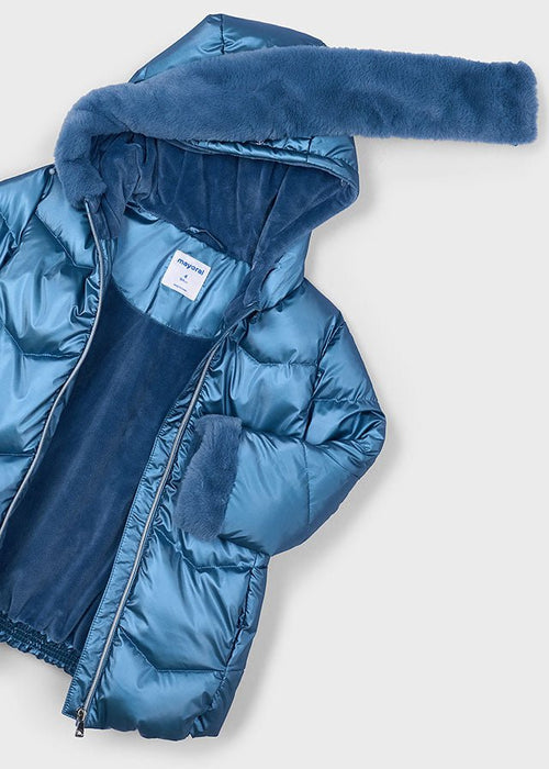 Girls Blue Glossy Belted Puffer Coat
