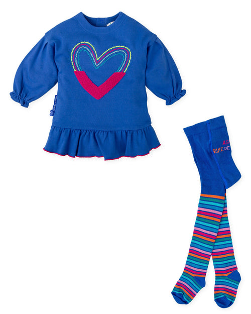 Girls Blue Heart Dress & Tights Set