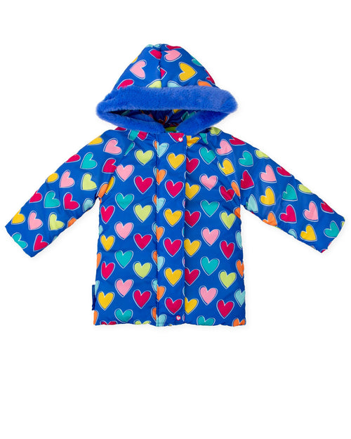 Girls Blue Heart Print Padded Coat