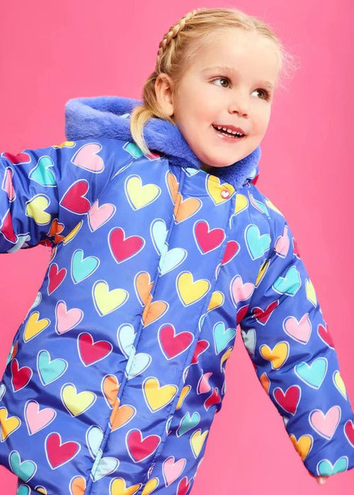Girls Blue Heart Print Padded Coat