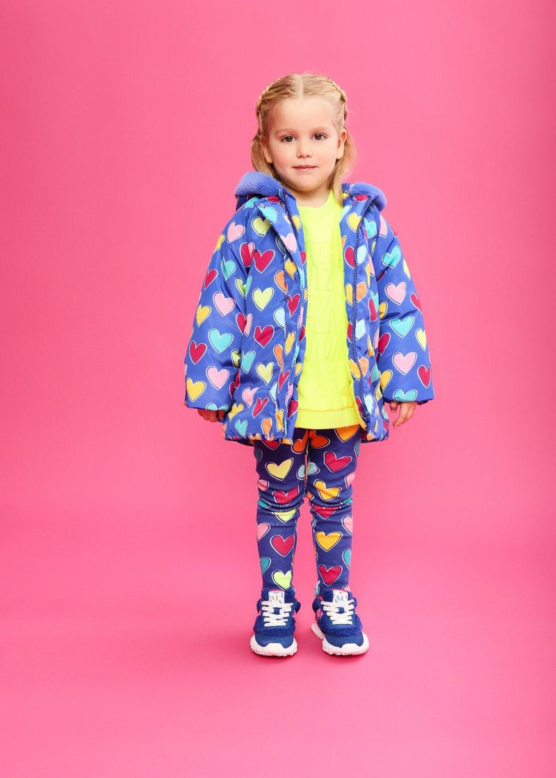 Girls Blue Heart Print Padded Coat