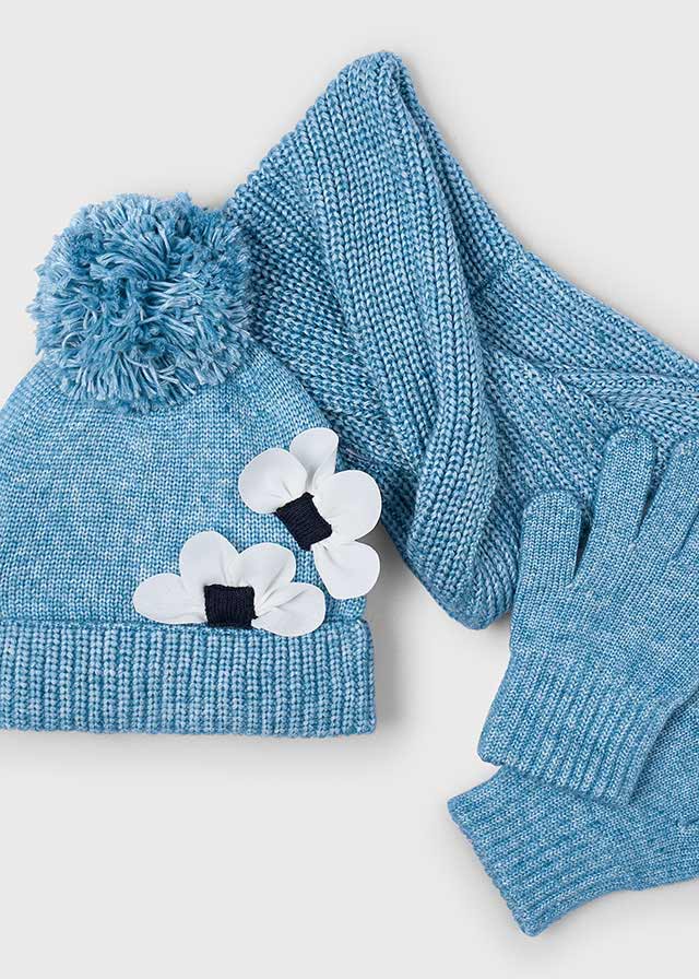 Girls Blue Knit Hat, Scarf & Gloves Set
