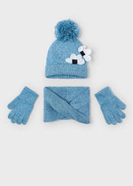 Girls Blue Knit Hat, Scarf & Gloves Set