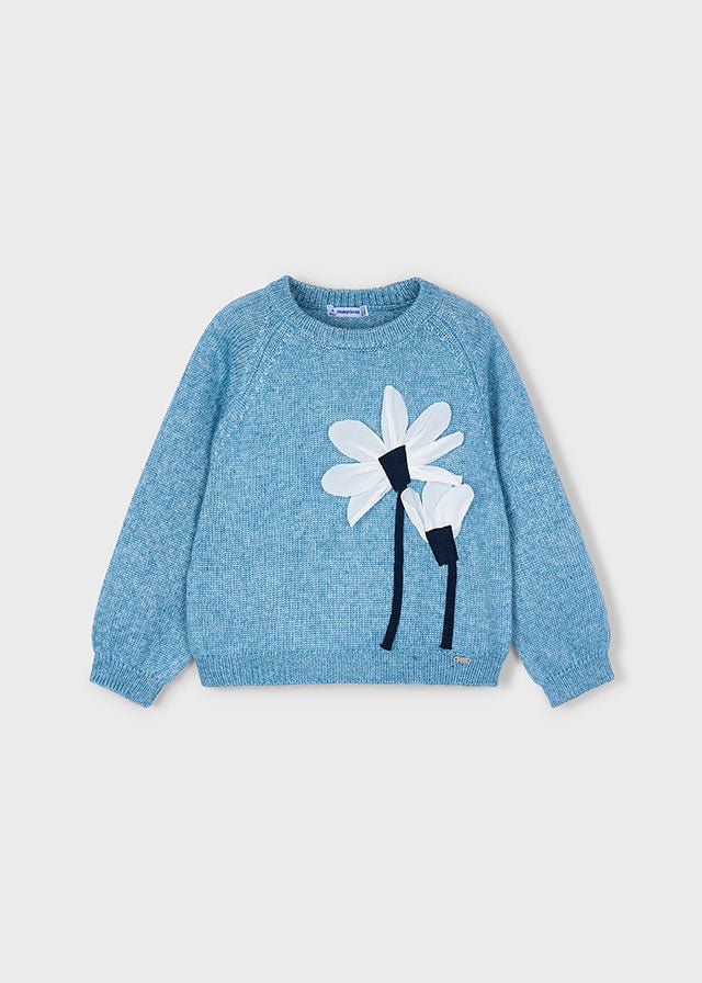 Girls Blue Knitted Jumper with Flower Appliqué
