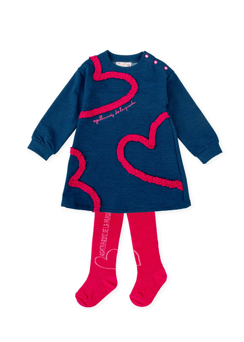 Girls Blue Marl Dress & Pink Tights Set