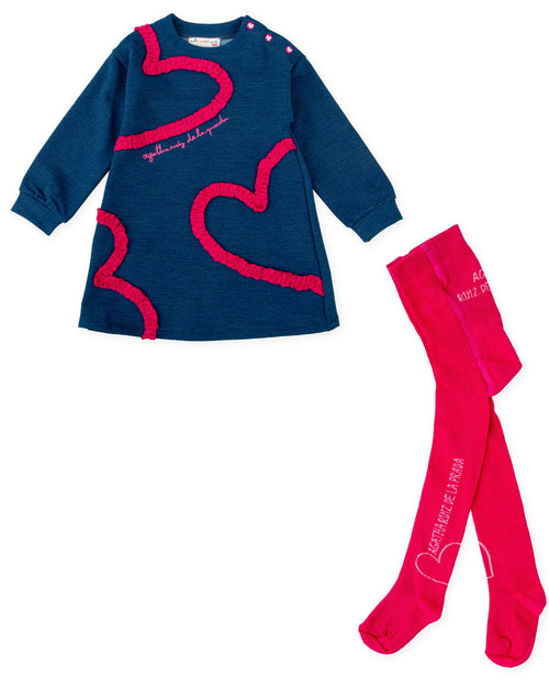 Girls Blue Marl Dress & Pink Tights Set