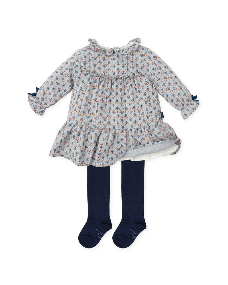 Girls Blue Printed Dress & Tights Set (Tutto Piccolo)