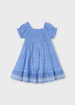 Girls Blue Smocked Dress with Floral Print