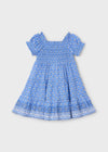 Girls Blue Smocked Dress with Floral Print