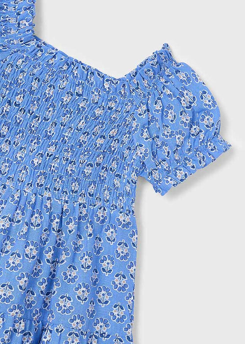 Girls Blue Smocked Dress with Floral Print