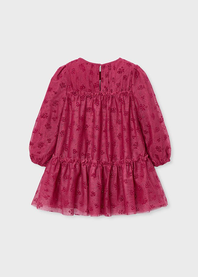 Girls Burgundy Printed Tulle Dress