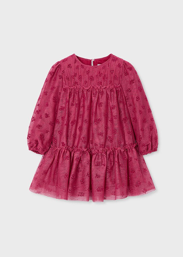 Girls Burgundy Printed Tulle Dress