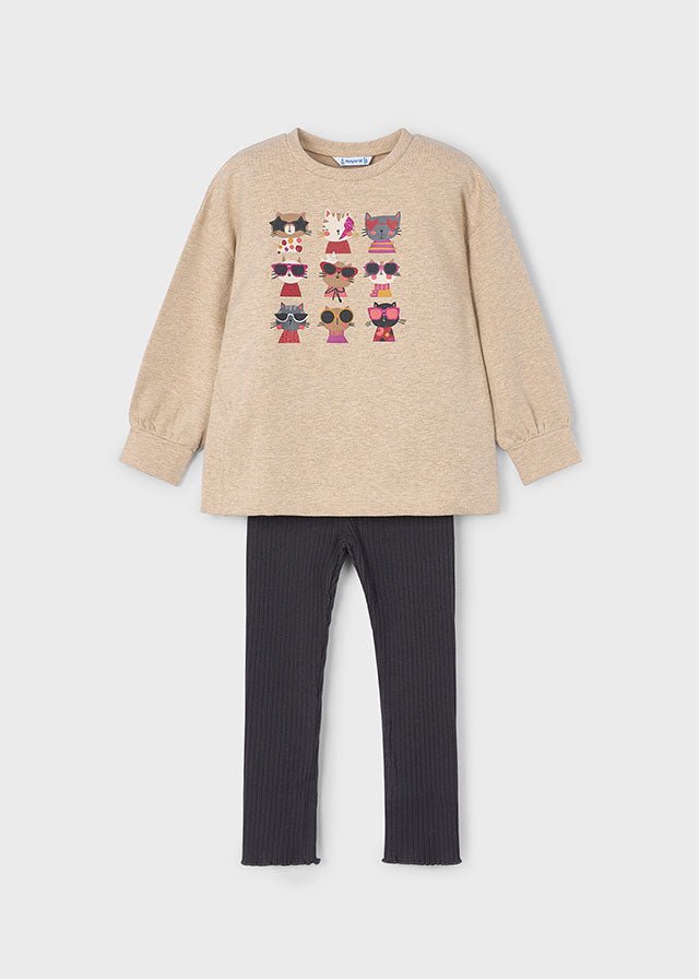 Girls Cat Print Pullover & Ribbed Leggings Set