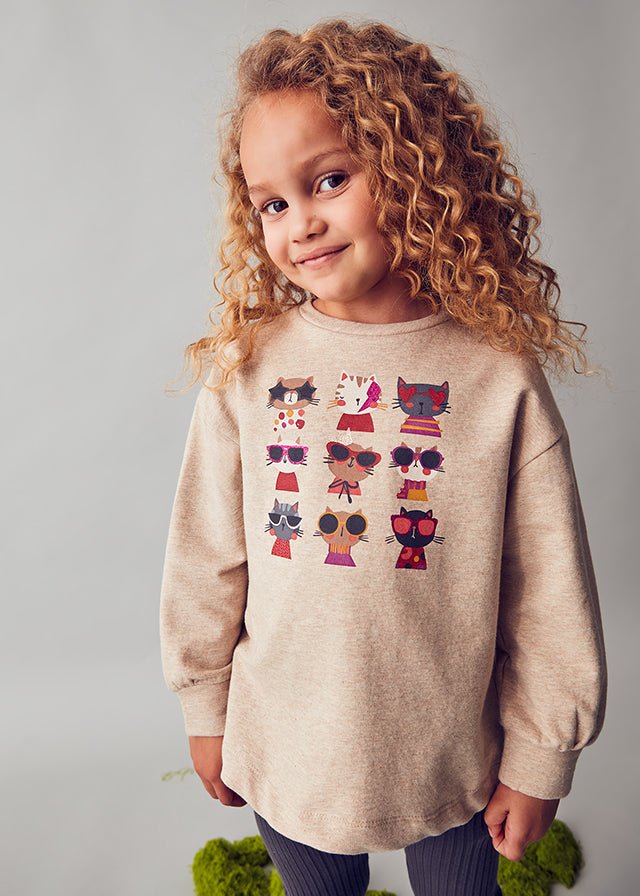 Girls Cat Print Pullover & Ribbed Leggings Set