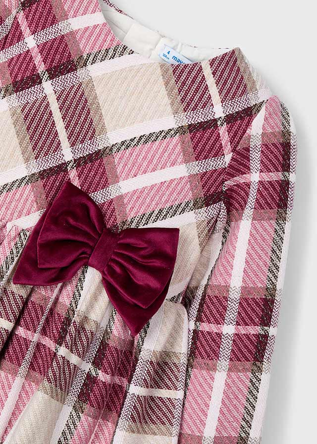 Girls Checked Dress with Burgundy Velvet Bow