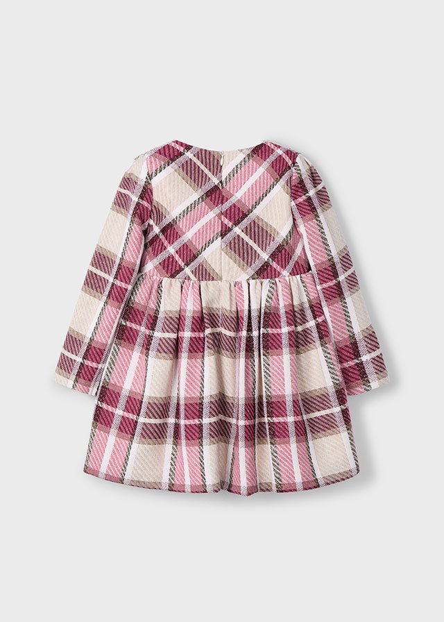 Girls Checked Dress with Burgundy Velvet Bow