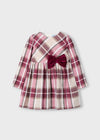 Girls Checked Dress with Burgundy Velvet Bow