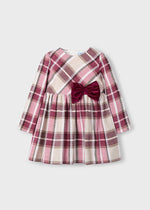 Girls Checked Dress with Burgundy Velvet Bow