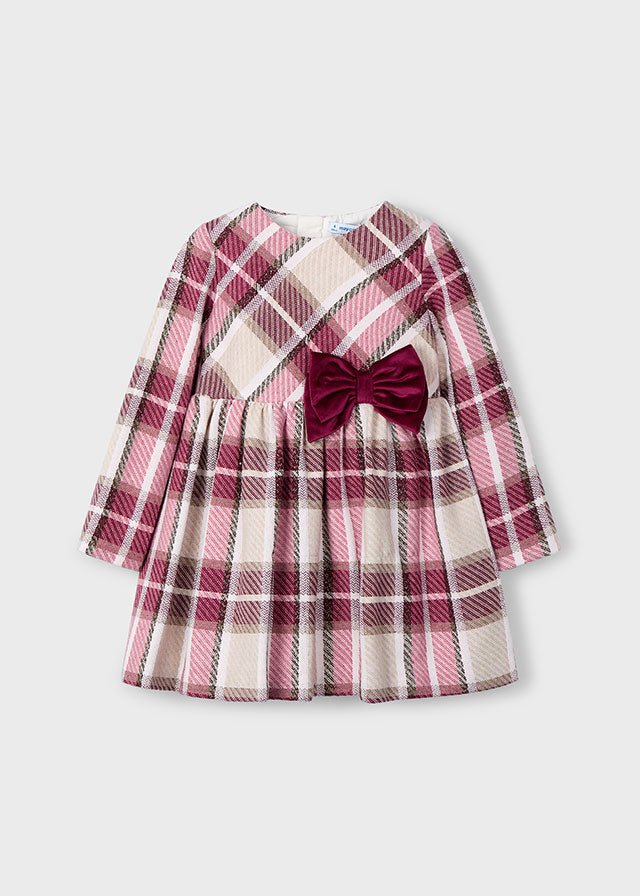 Girls Checked Dress with Burgundy Velvet Bow