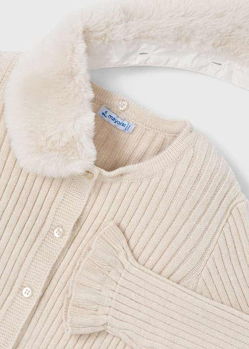 Girls Cream Faux Fur Collar Cardigan