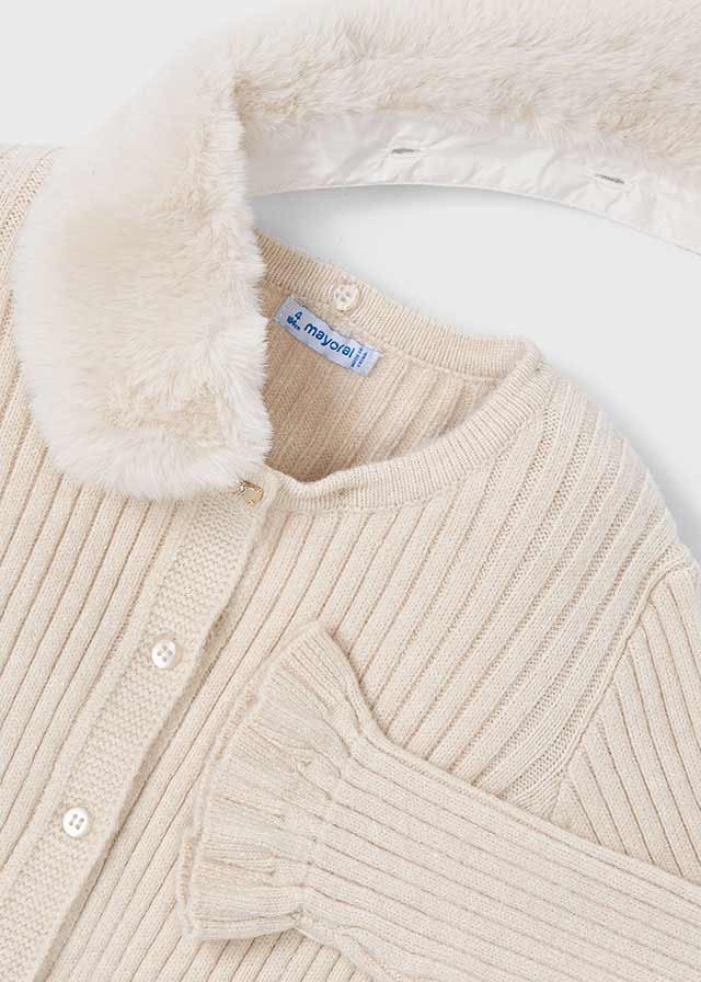 Girls Cream Faux Fur Collar Cardigan