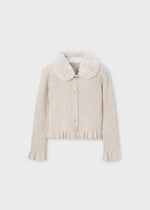 Girls Cream Faux Fur Collar Cardigan