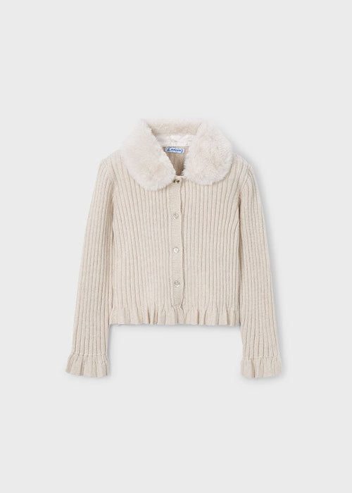 Girls Cream Faux Fur Collar Cardigan