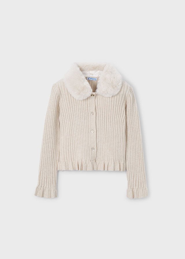 Girls Cream Faux Fur Collar Cardigan