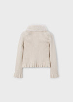 Girls Cream Faux Fur Collar Cardigan