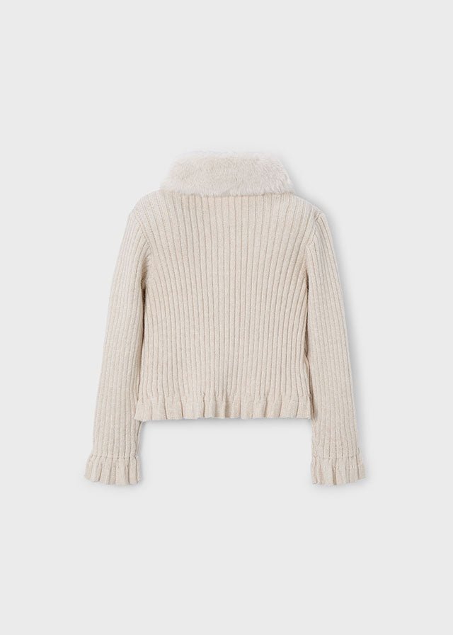 Girls Cream Faux Fur Collar Cardigan